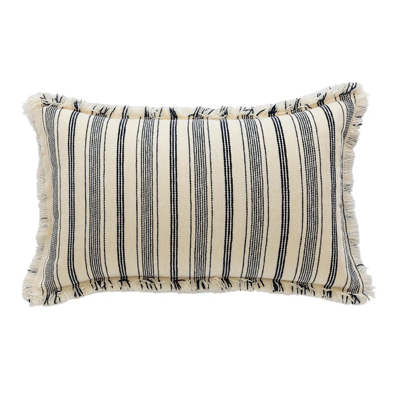 Square Woven Cotton Stripe Accent Pillow with Fringed Border and Removable Cover