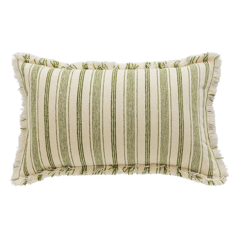 Square Woven Cotton Stripe Accent Pillow with Fringed Border and Removable Cover