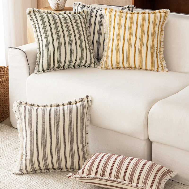 Square Woven Cotton Stripe Accent Pillow with Fringed Border and Removable Cover