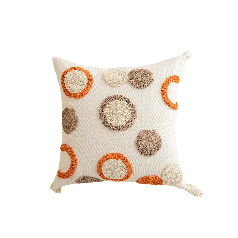 Square Tufted Cotton Throw Pillow with Knotted Corner Tassels and Raised Geometric Texture