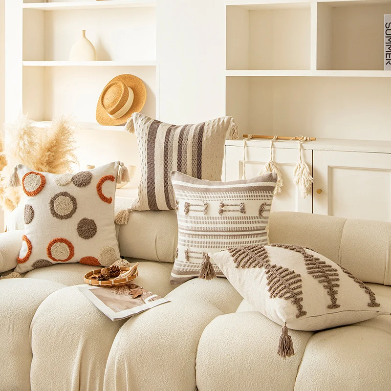 Square Tufted Cotton Throw Pillow with Knotted Corner Tassels and Raised Geometric Texture