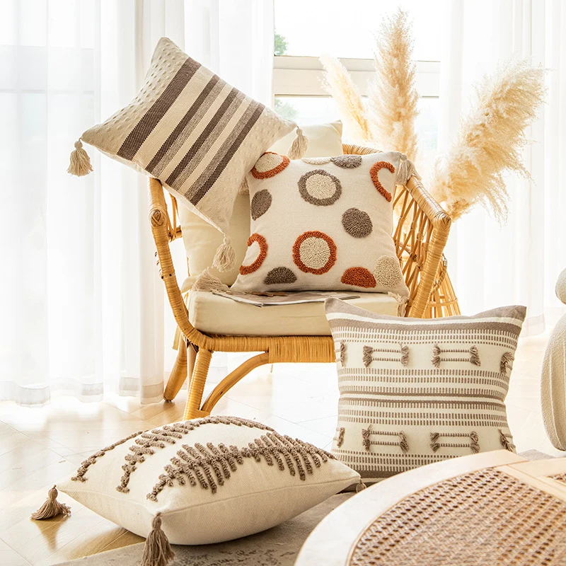 Square Tufted Cotton Throw Pillow with Knotted Corner Tassels and Raised Geometric Texture