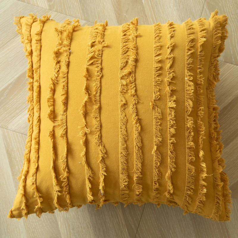 Square Textured Pom-Pom Dot Throw Pillow Cushion with Tassel Corners and Shaggy Tufted Accents