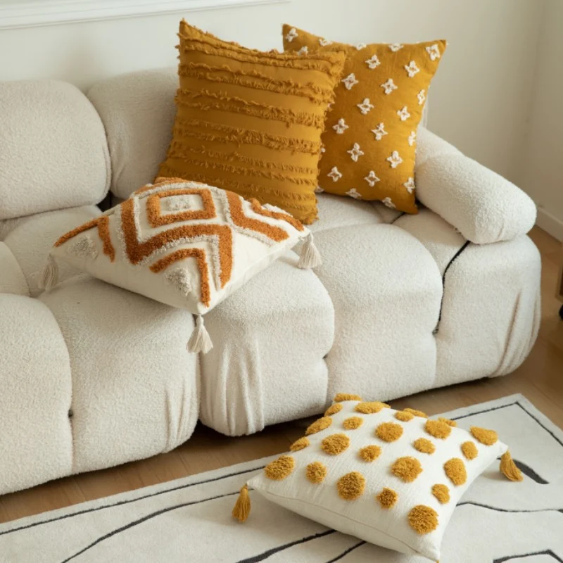Square Textured Pom-Pom Dot Throw Pillow Cushion with Tassel Corners and Shaggy Tufted Accents