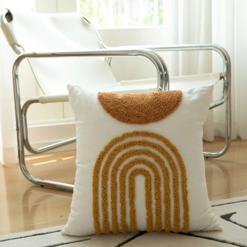 Square Textured Pom-Pom Dot Throw Pillow Cushion with Tassel Corners and Shaggy Tufted Accents