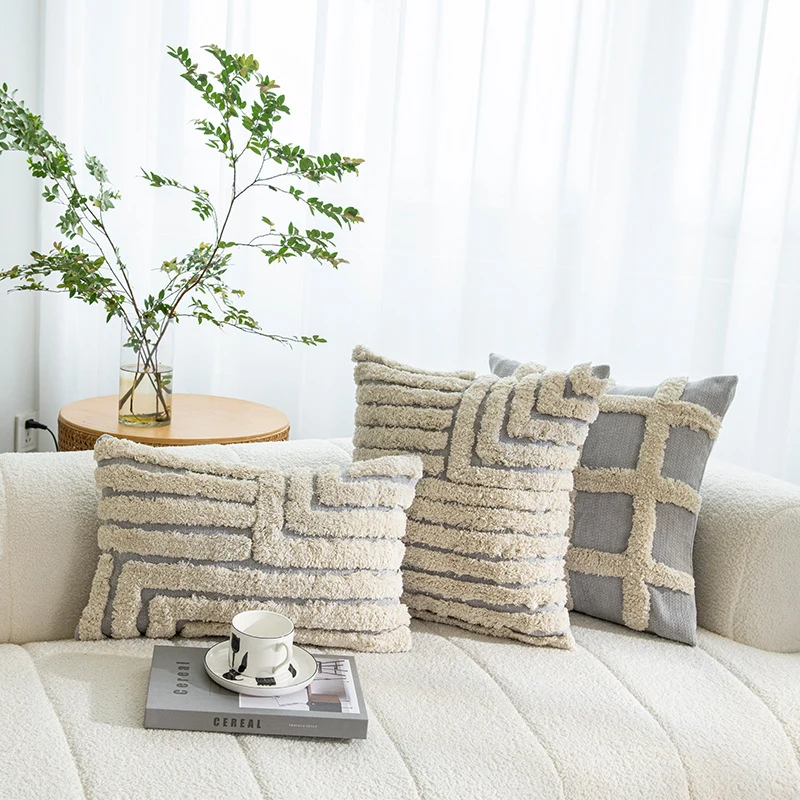 Square Textured Grid Tufted Decorative Throw Pillow Cover with Shaggy Raised Lattice