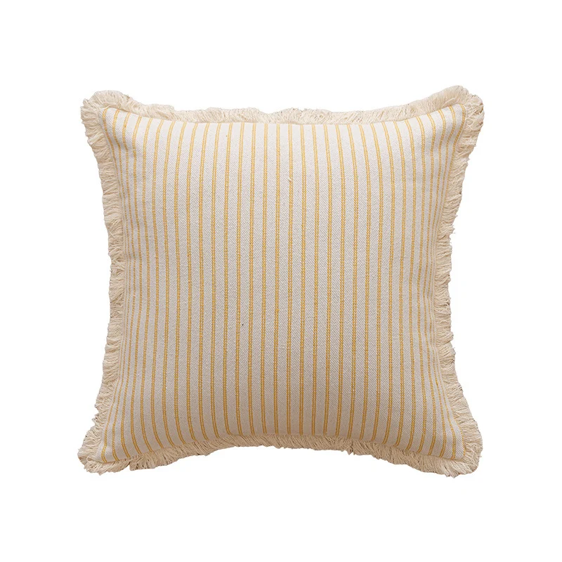 Square Striped Canvas Throw Pillow with Natural Fringe Trim