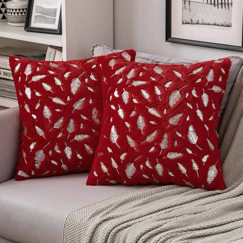 Square Plush Decorative Cushion with Metallic Feather Accent and Removable Cover