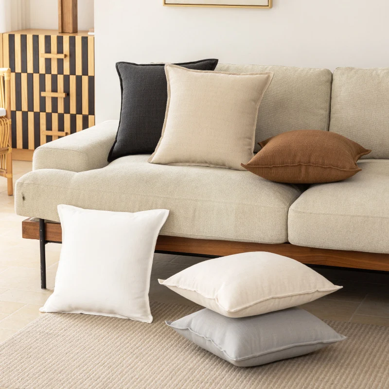 Square Natural Slub Linen Accent Cushion Cover with Welt Trim