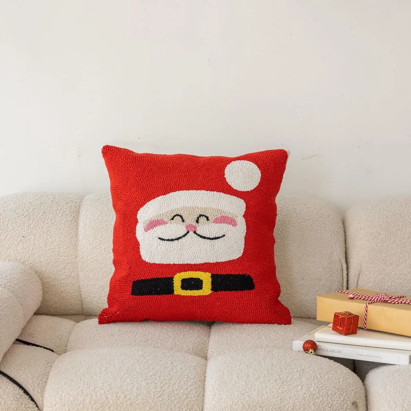 Square Holiday Tufted Cotton Throw Pillow with Tassel Corners and Appliqué Christmas Trees