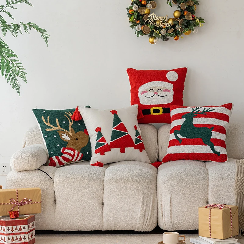 Square Holiday Tufted Cotton Throw Pillow with Tassel Corners and Appliqué Christmas Trees