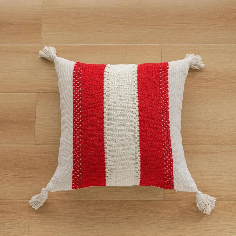 Square Handloom Cotton Accent Pillow with Vertical Embroidered Geometric Bands and Knotted Corner Tassels