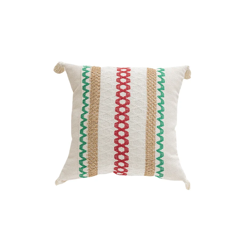 Square Handloom Cotton Accent Pillow with Vertical Embroidered Geometric Bands and Knotted Corner Tassels