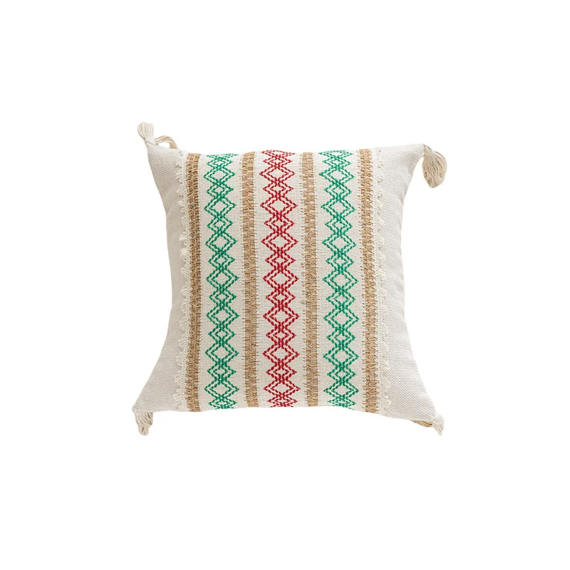 Square Handloom Cotton Accent Pillow with Vertical Embroidered Geometric Bands and Knotted Corner Tassels