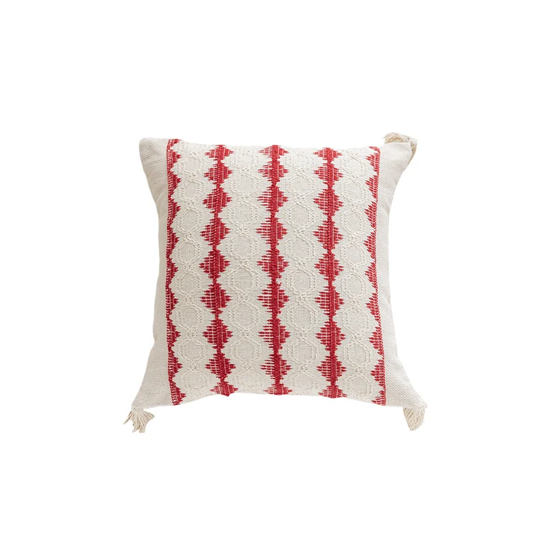 Square Handloom Cotton Accent Pillow with Vertical Embroidered Geometric Bands and Knotted Corner Tassels