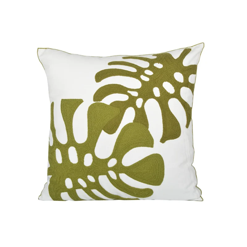 Square Decorative Pillow Cover with Raised Monstera Leaf Appliqué and Hidden Zipper