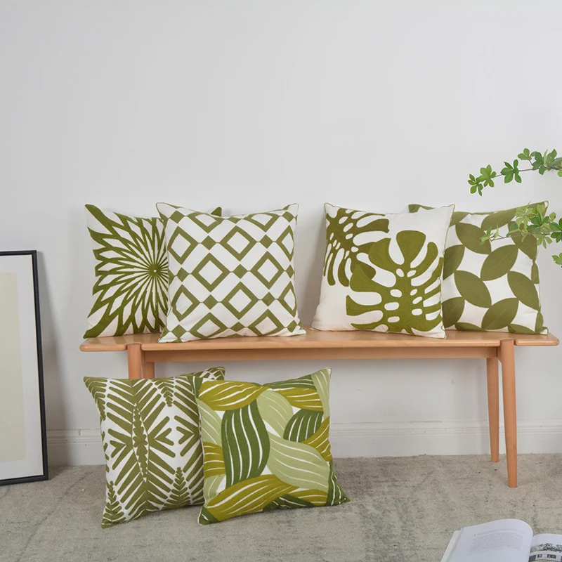 Square Decorative Pillow Cover with Raised Monstera Leaf Appliqué and Hidden Zipper