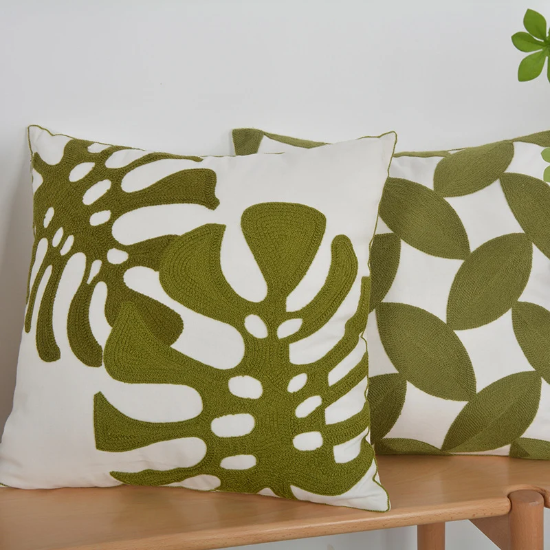 Square Decorative Pillow Cover with Raised Monstera Leaf Appliqué and Hidden Zipper