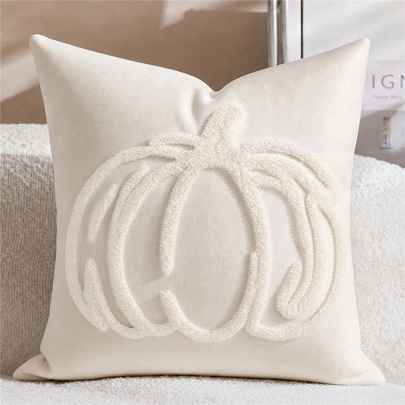 Seasonal Tufted Pumpkin Accent Pillow Cover with Chenille Loop Embroidery