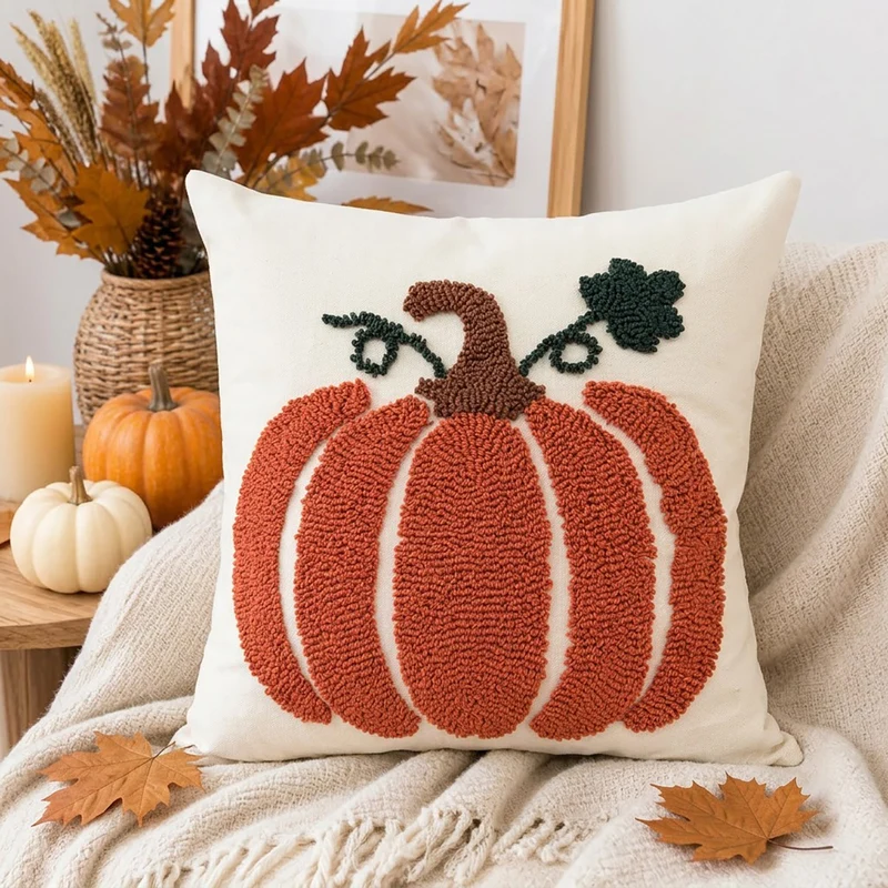 Seasonal Tufted Pumpkin Accent Pillow Cover with Chenille Loop Embroidery