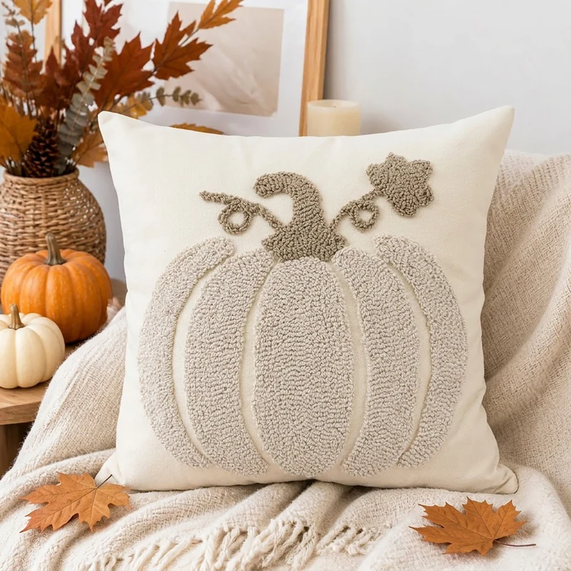 Seasonal Tufted Pumpkin Accent Pillow Cover with Chenille Loop Embroidery