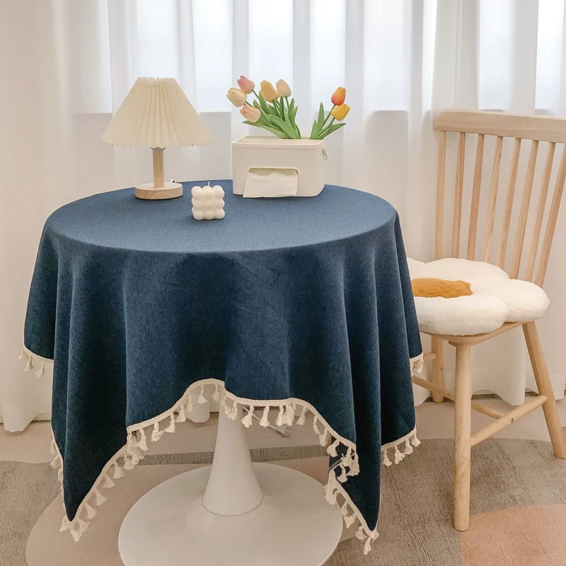 Round Textured Tassel-Trim Tablecloth with Linen-Feel Draped Finish