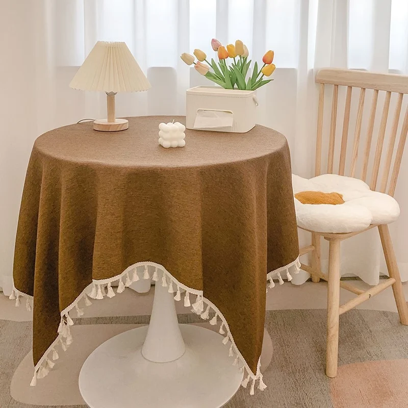 Round Textured Tassel-Trim Tablecloth with Linen-Feel Draped Finish