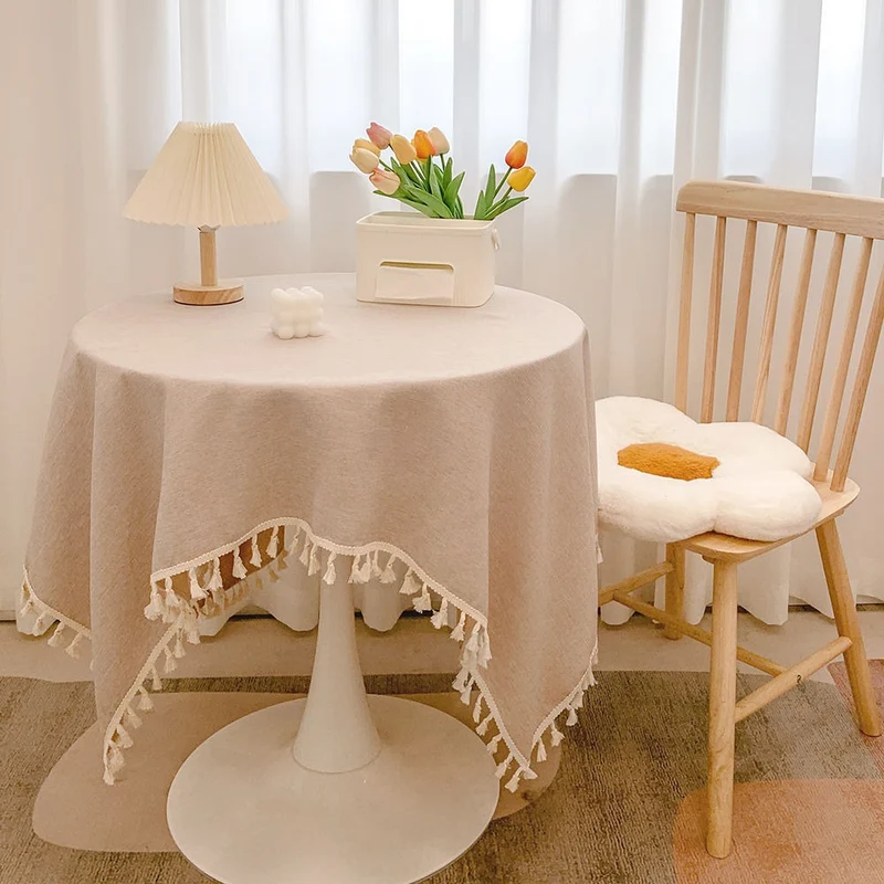 Round Textured Tassel-Trim Tablecloth with Linen-Feel Draped Finish