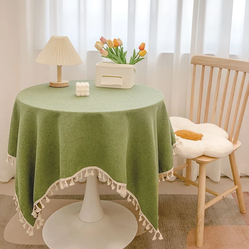 Round Textured Tassel-Trim Tablecloth with Linen-Feel Draped Finish