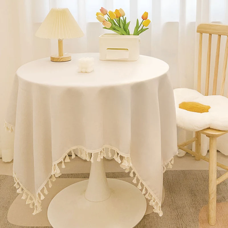 Round Textured Tassel-Trim Tablecloth with Linen-Feel Draped Finish