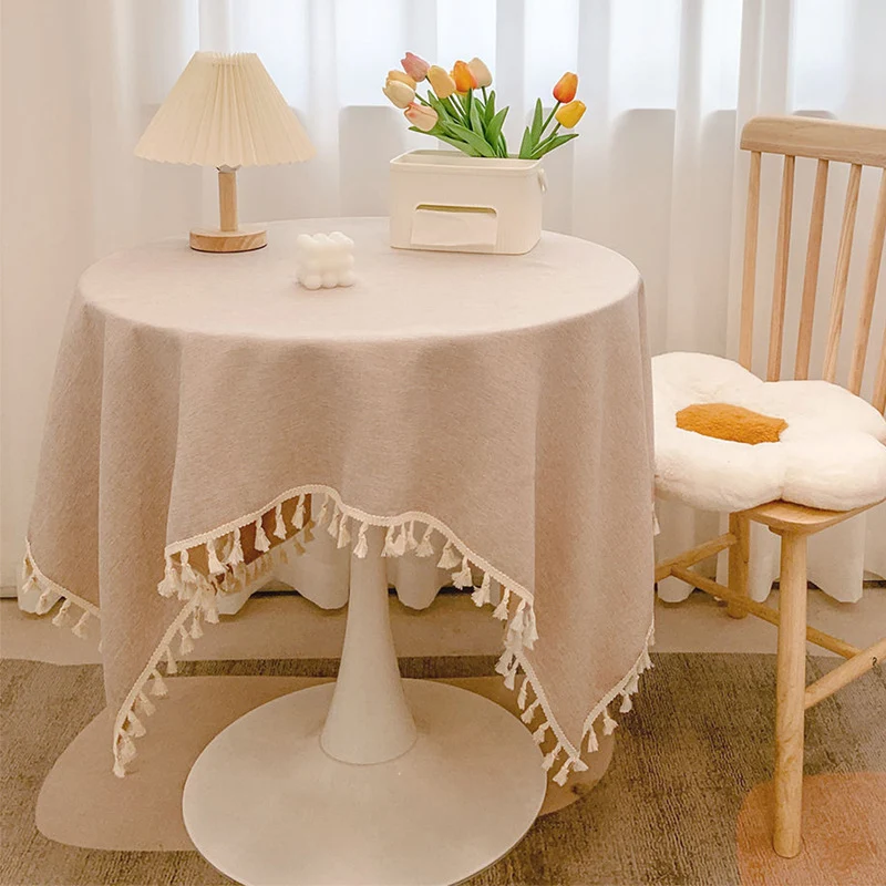Round Textured Tassel-Trim Tablecloth with Linen-Feel Draped Finish