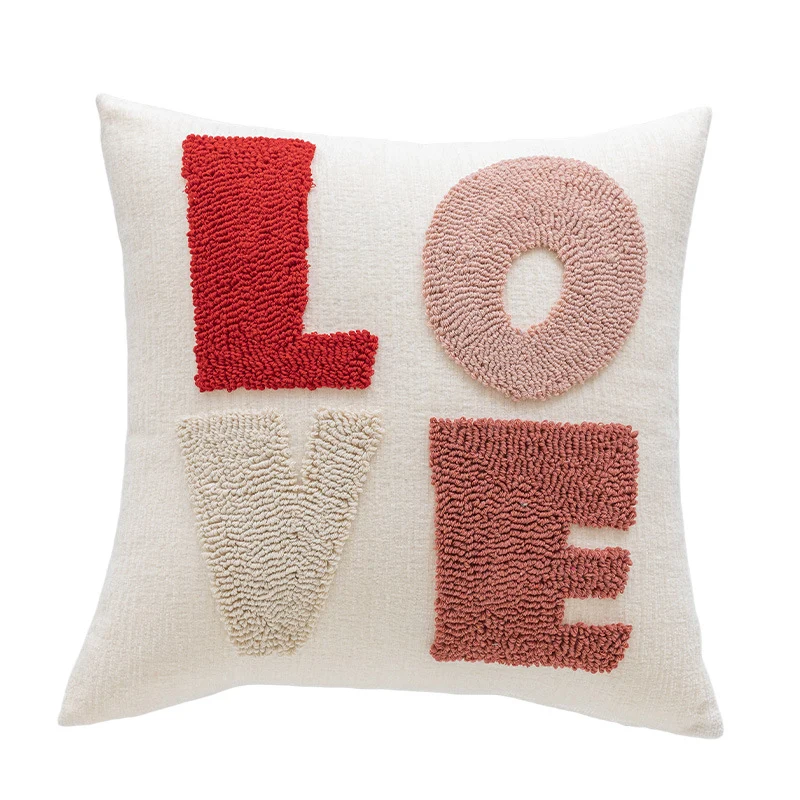 Rectangular Tufted Letter Lumbar Throw Pillow with Loop-Pile 'LOVE' Accent