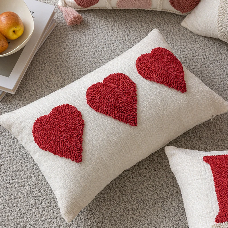 Rectangular Tufted Letter Lumbar Throw Pillow with Loop-Pile 'LOVE' Accent