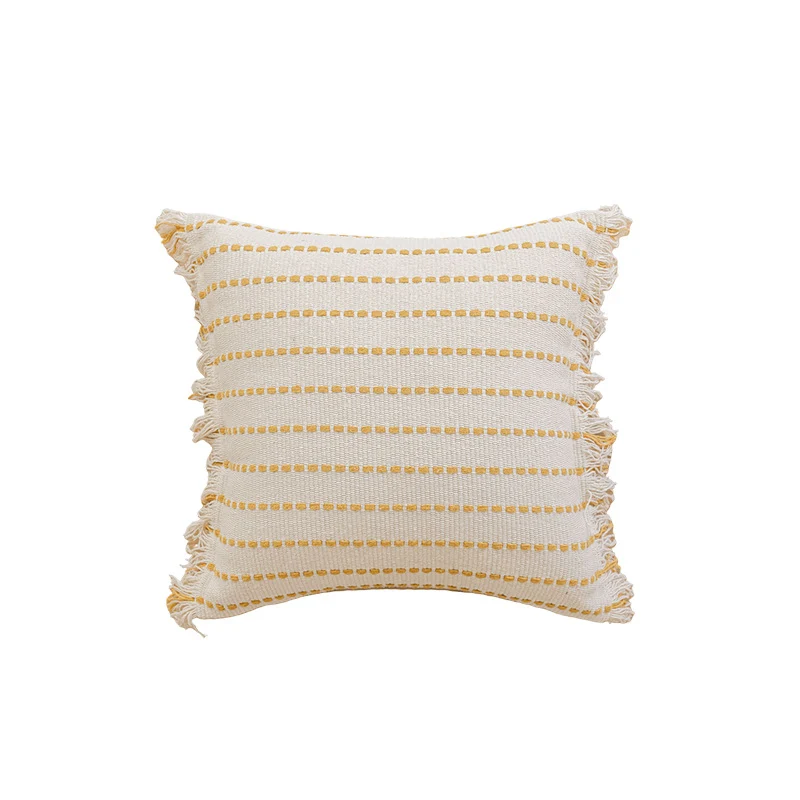 Woven Horizontal-Stripe Square Throw Pillow with Fringed Edges and Removable Cover