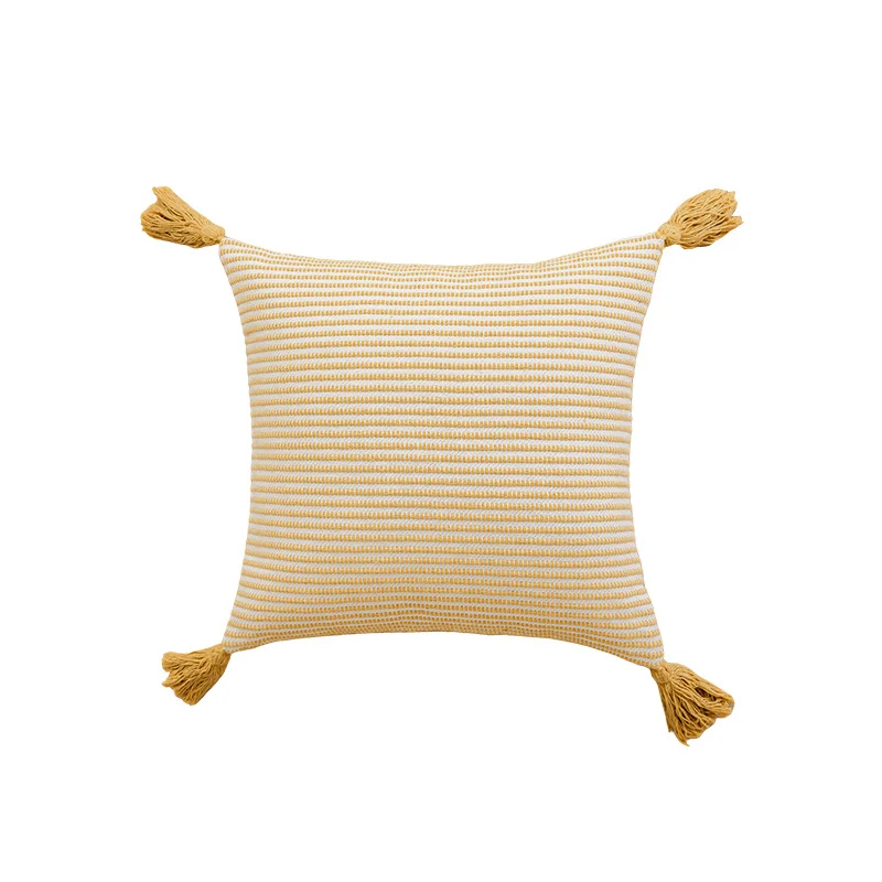 Woven Horizontal-Stripe Square Throw Pillow with Fringed Edges and Removable Cover