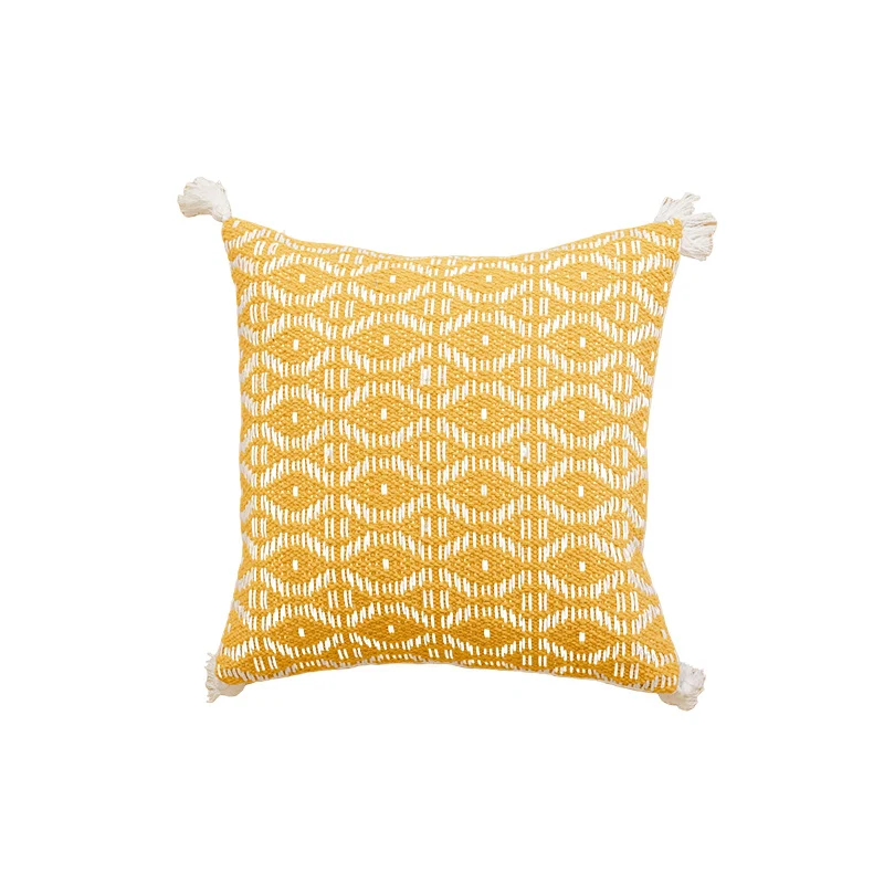 Woven Horizontal-Stripe Square Throw Pillow with Fringed Edges and Removable Cover