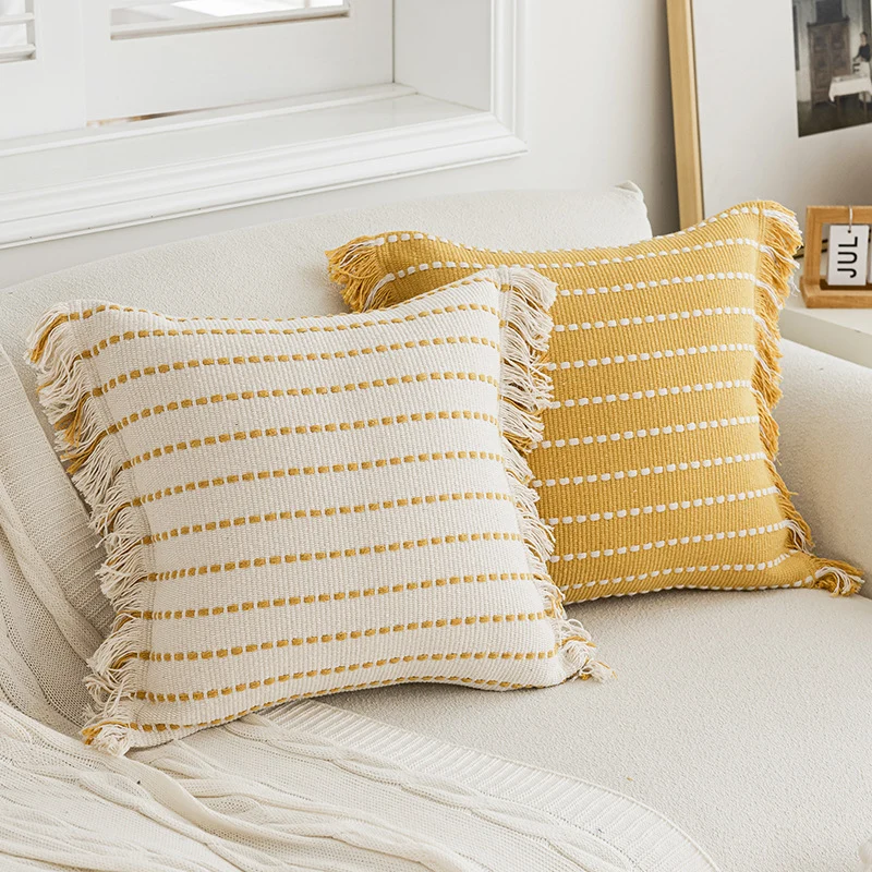 Woven Horizontal-Stripe Square Throw Pillow with Fringed Edges and Removable Cover