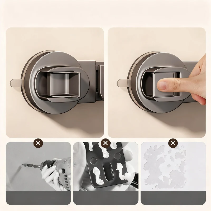 Suction cup holder for brooms and cleaning tools