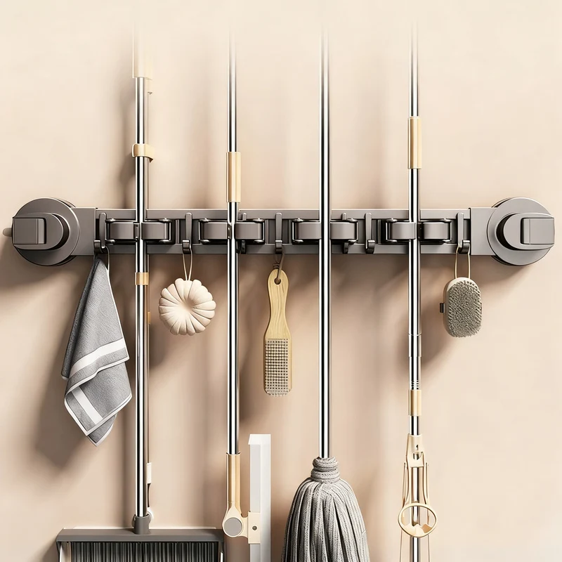 Suction cup holder for brooms and cleaning tools