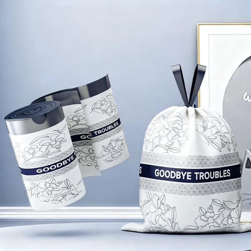 Trash bags with drawstring and handles