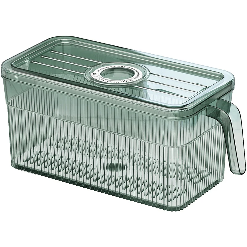 Refrigerator storage container with drain and timer function