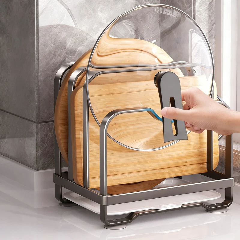 Kitchen stand for lids, knives, and cutting boards