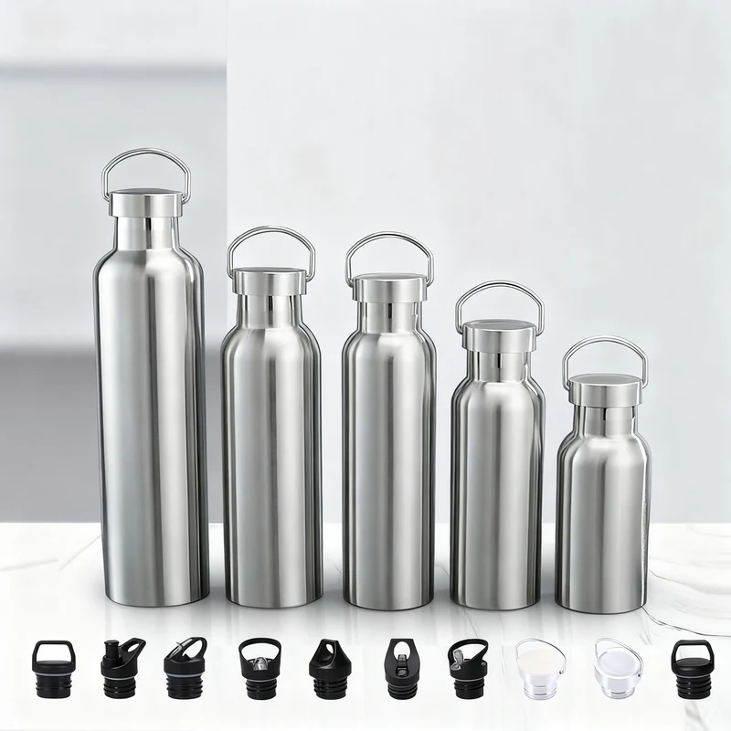 Insulated stainless steel drinking bottle with handle