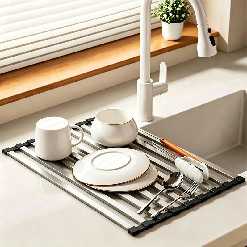 Stainless steel sink rack with rolling grid