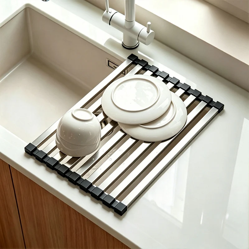 Stainless steel sink rack with rolling grid