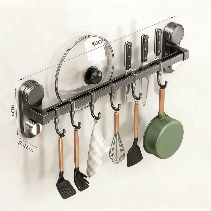 Kitchen hanger with suction cup, drill hole free