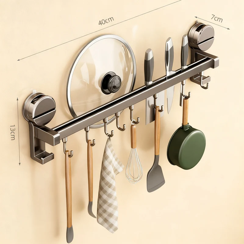 Kitchen hanging rod with hooks made of aluminum