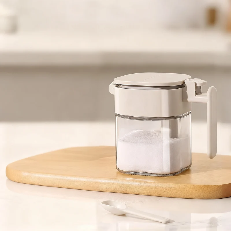 Spice jar with spoon, glass, airtight