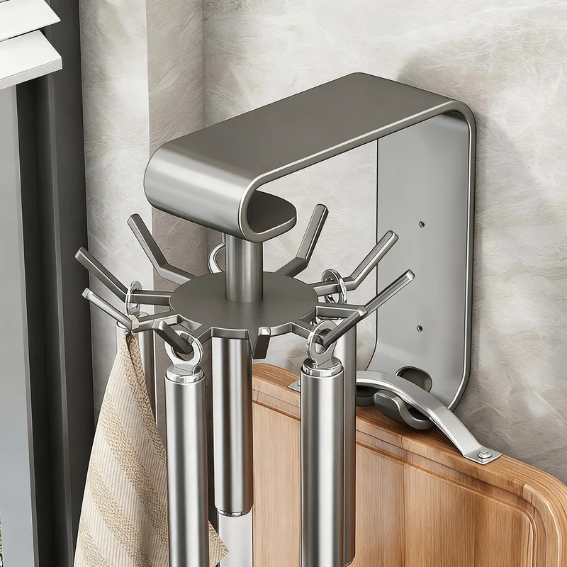 Rotatable wall hook for kitchen utensils, no drilling