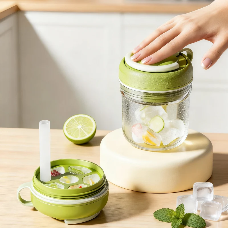 3-in-1 ice cube drinking cup with integrated ice compartment